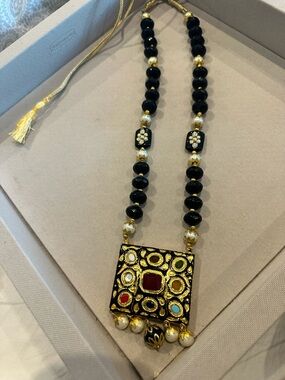 Handcrafted Black and Gold Kundan-Style Pendant Necklace